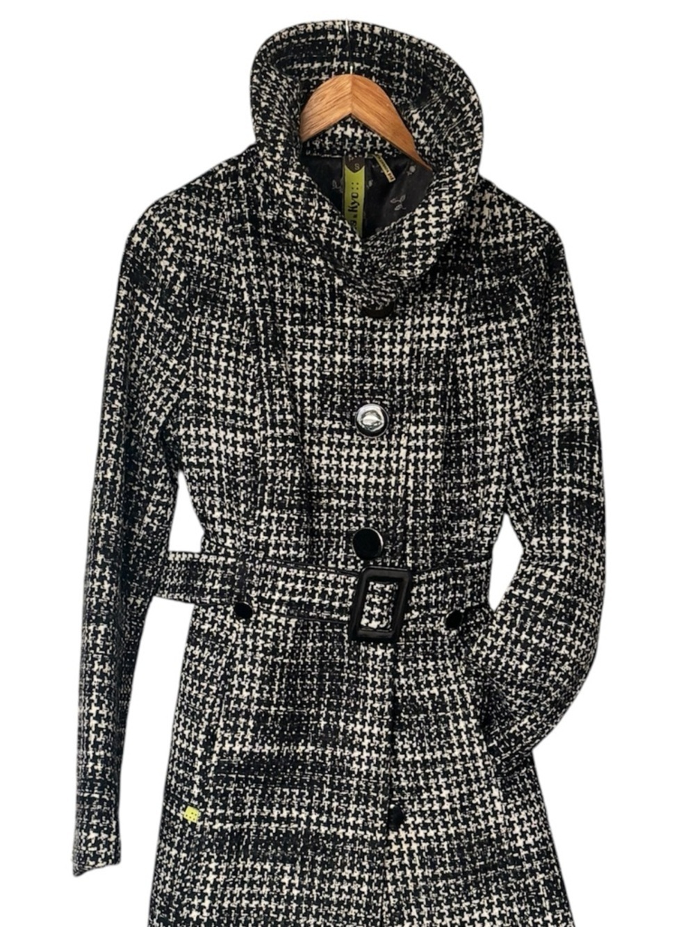 Soia & Kyo Wool Blend Tweed Belted Trench Coat - Black & White Houndstooth Small - Picture 8 of 12